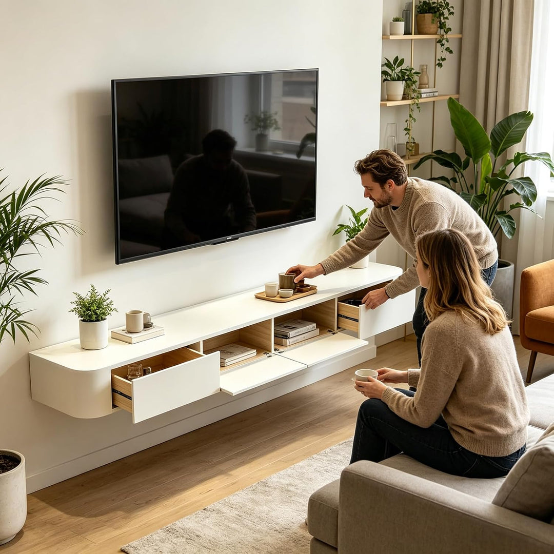 An der Wand befestigte TV-Konsole, Sich hin- und herbewegender TV-Ständer mit Schubladen und Tür, Me