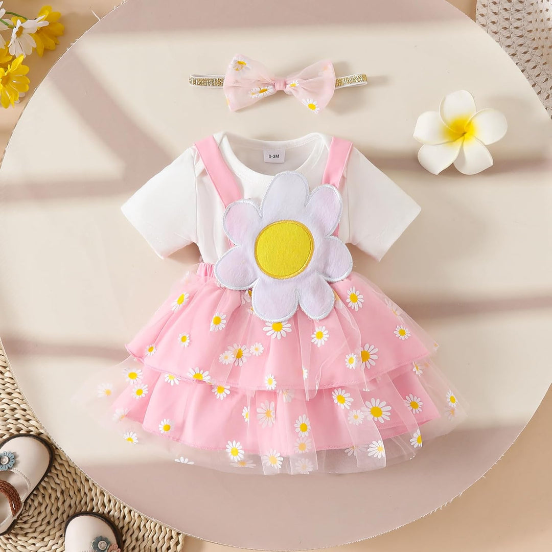 Baby Mädchen Kleidung für Neugeborene gerüschte Oberteile Sonnenblumen Hosenträgerröcke mit Stirnban