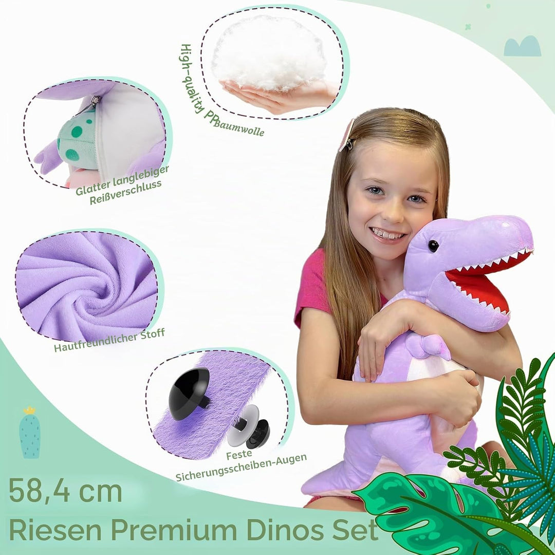 MorisMos 60cm hoch riesen Dino Kuscheltier XXL Lila mit 3 Baby im Bauch, gross Dinosaurier Plüschtie
