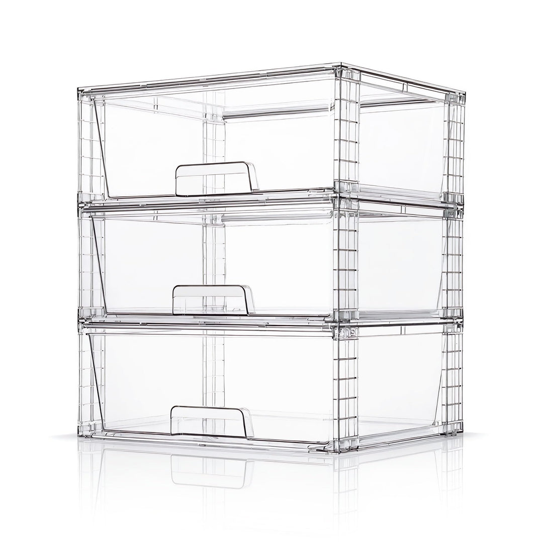 3er Set Breite Stapelbare Aufbewahrungsschubladen für Bad und Küche, Hochfeste Klare Acryl Organizer