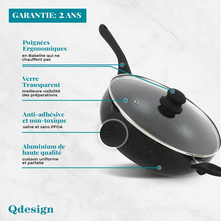 QDESIGN BLACKMARBLE+ Kochgeschirr 6 tlg. - 2 Pfannen + 2 Töpfe kratzfest Aluminiumguss, Antihaftbesc