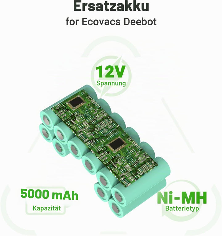 12V 5000mAh Ersatz NI-MH Akku für Ecovacs Deebot Ozmo 900, 901, 902, 907, 600, 610, M88, Deebot DE5G