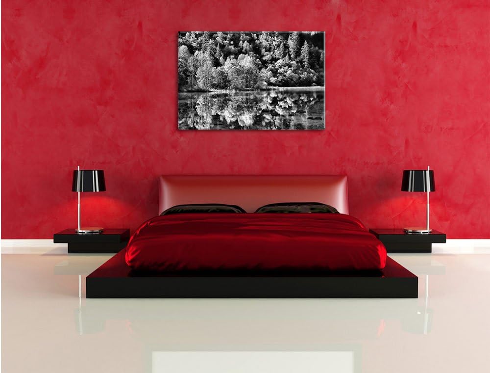 Pixxprint Monocrome, herbstlicher Wald am See, Format: 100x70 auf Leinwand, 100x70
