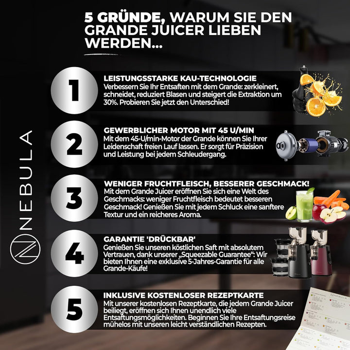 Nebula Grande 45RPM Cold Press Slow Juicer - Ganzes Obst und Gemüse, frischer, gesunder Saft, Sorbet
