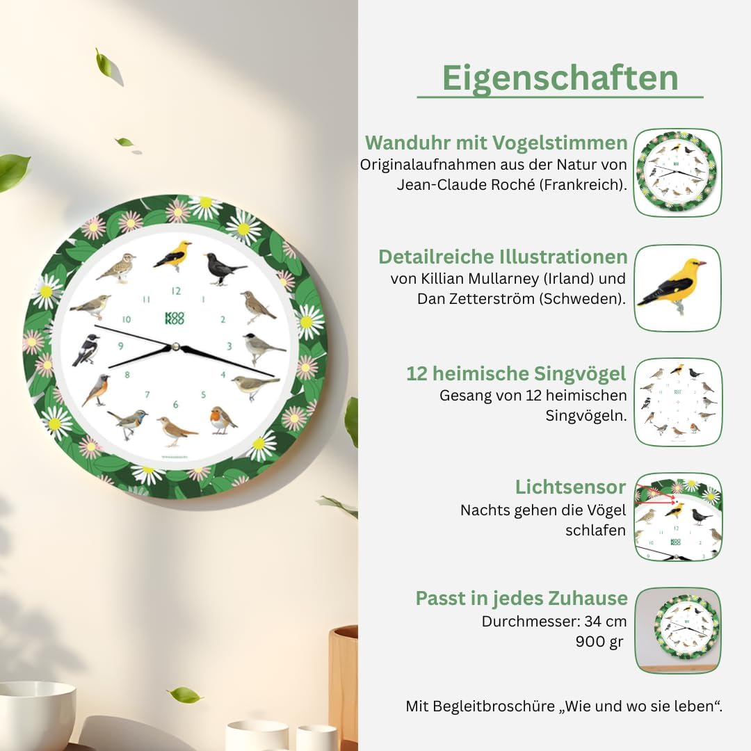 KOOKOO Singvögel Flower Planet, Quarzwerk, Die Singende Vogeluhr, ist eine Uhr mit 12 heimischen Sin