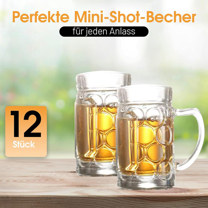 Carlso 12x Mini Bierkrug, Massglass, Seidel, Oktoberfest, Bayern Schnapsglas 4cl mit Henkel (12x ohn