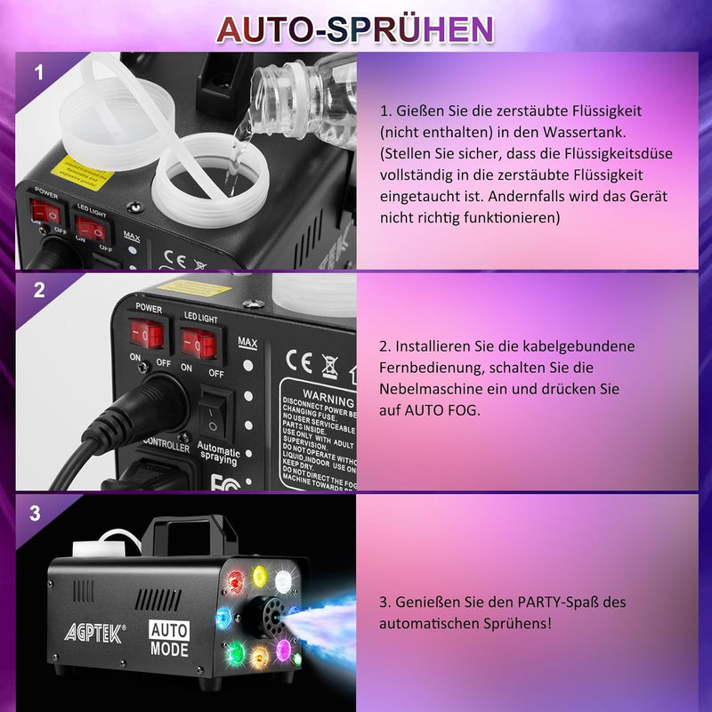 Nebelmaschine, AGPtEK Nebel Maschine mit kabelloser Fernbedienung UND aktiviertes LED Licht, 500 WAT