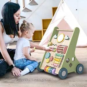 11 in 1 Lauflernwagen Holz Baby Lauflernhilfe mit Rädern, Montessori Aktivitätszentrum Set Baby Walk