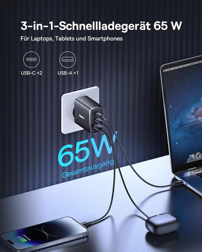 Baseus USB C Ladegerät, 65W USB C Netzteil 3-Port PD Ladegerät mit PPS, GaN Schnellladegerät kompati