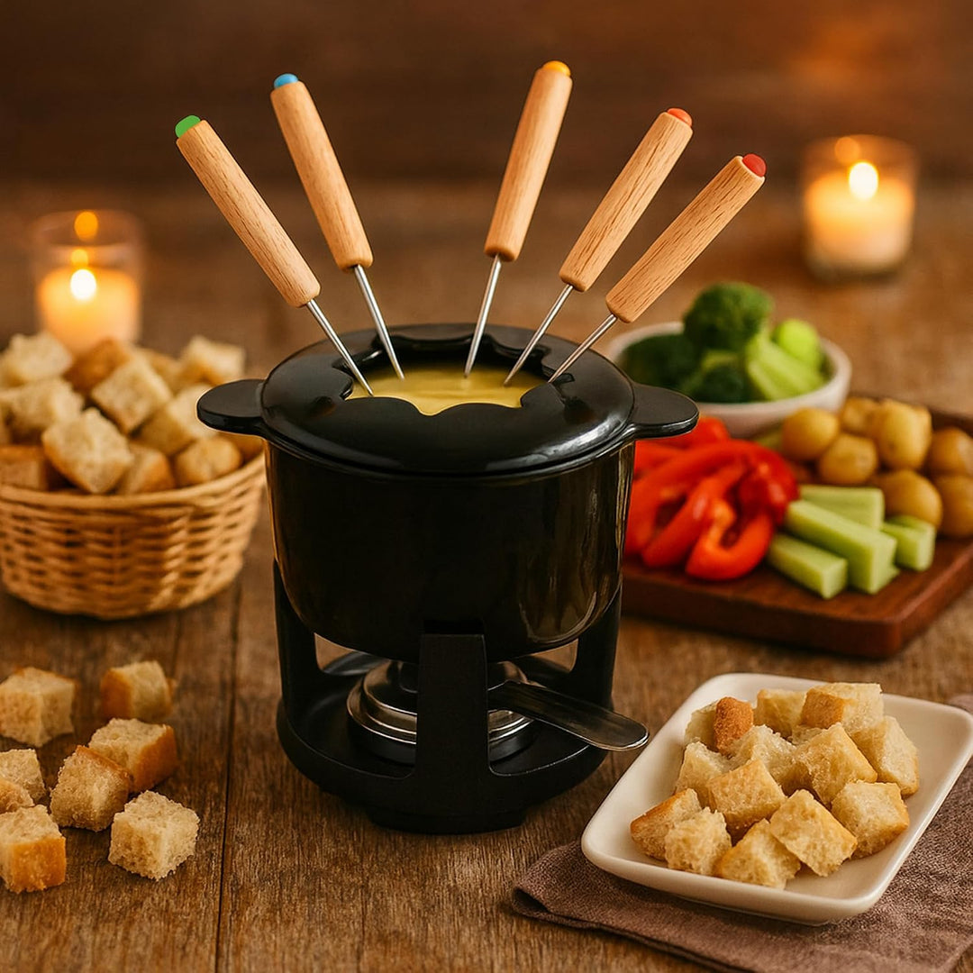 BBQ-Toro Gusseisen Fondue Set für 6 Personen | 1 Liter | Fondueset 13 teilig mit Brenner und Gabeln