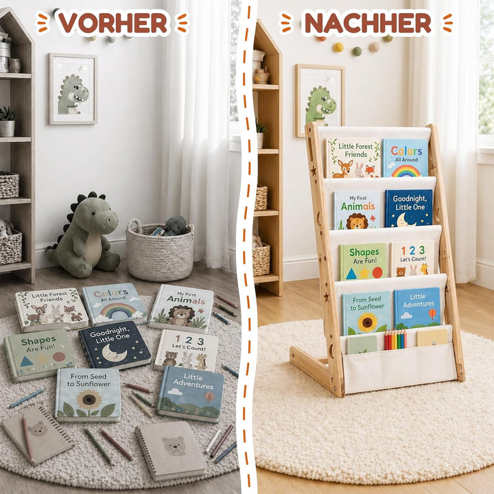COSYLAND Bücherregal Kinder aus Kiefernholz, 4 Tiefe Fächer für Übersicht | Cover frontal sichtbar,