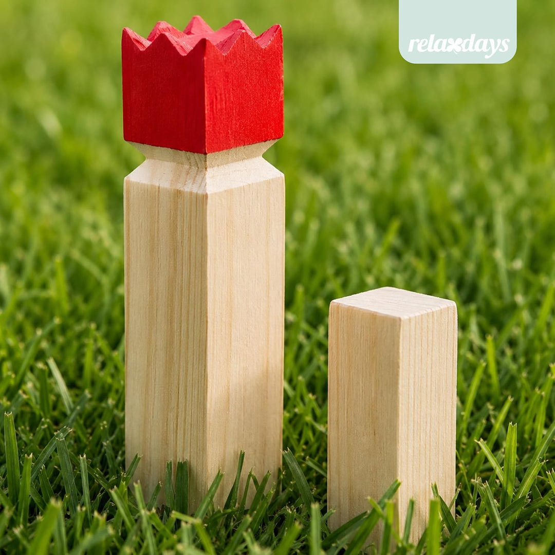 Relaxdays Wikinger Wurfspiel aus Kiefernholz, Natur Kubb Wikingerspiel, roter König, gross, Gartensp