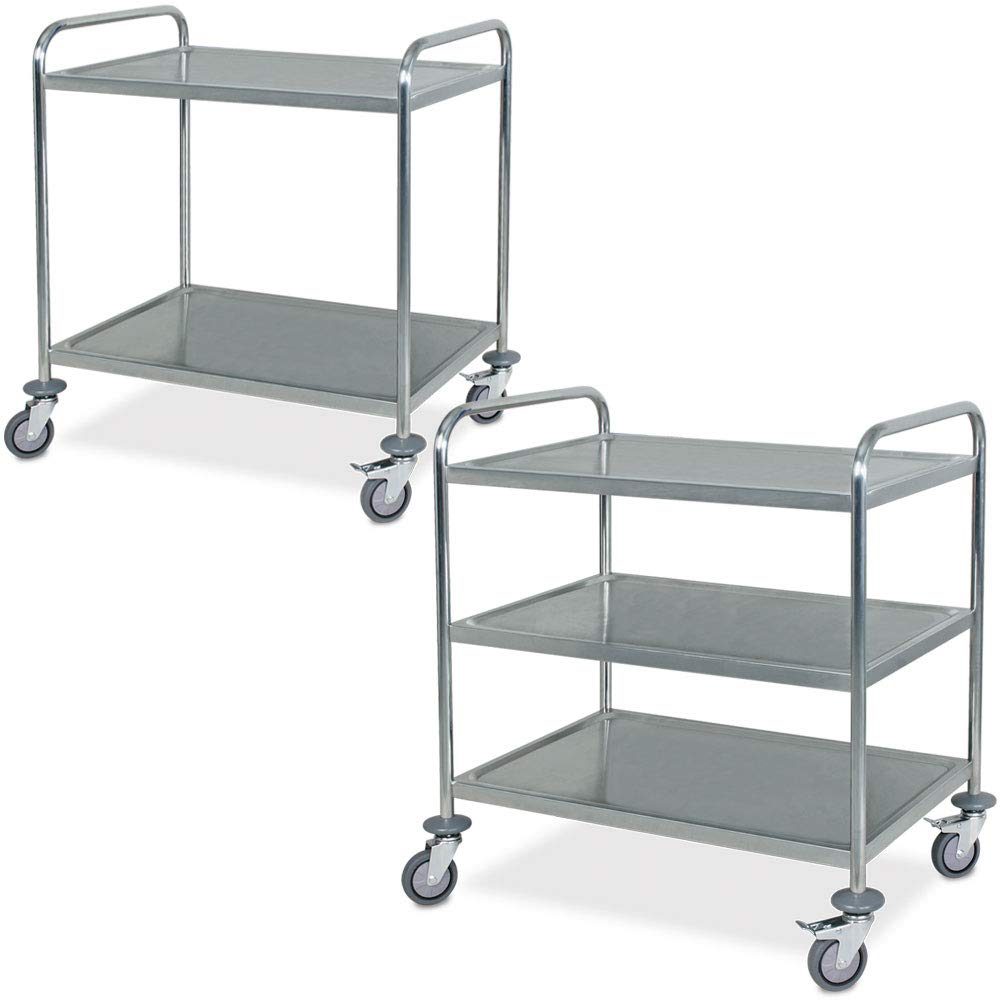 BRB 2 Servierwagen/Etagenwagen aus Edelstahl, 1x mit 2 Böden, 1x mit 3 Böden