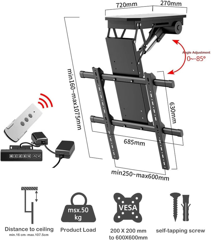 TV-Lift, Elektrische Deckenhalterung für Fernseher, 50-90 Zoll, 0-85° Winkeleinstellung, Max. 80 kg