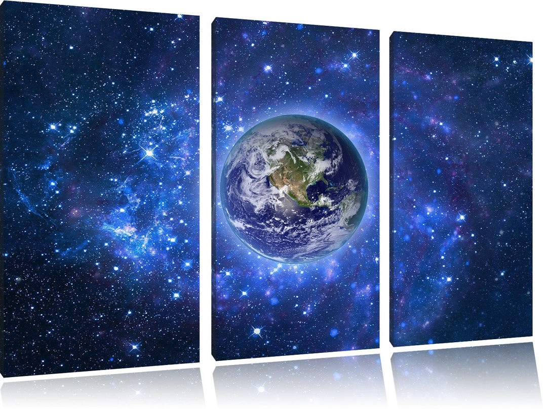 Pixxprint Planet Erde im Weltraum als Leinwandbild | Grösse: 3 Teilig (120x80) | Wandbild| Kunstdruc