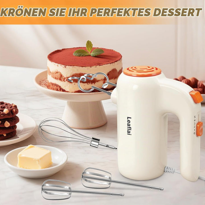 Handmixer, 5-Gang-Elektro-Schneebesen mit Turbo-Boost, inklusive 5 Edelstahl-Aufsätzen - Tolle Stand