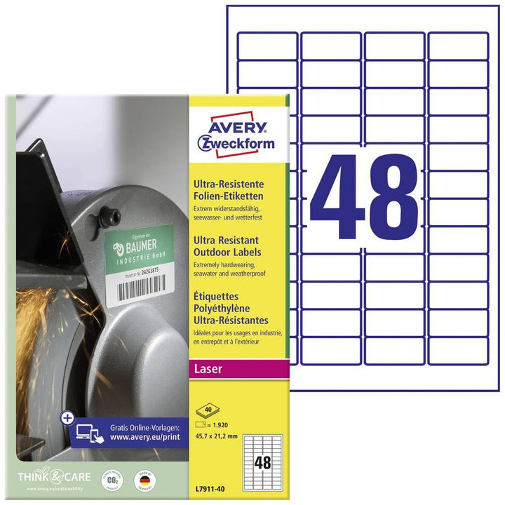 AVERY Zweckform L7911-40 Strapazierfähige Folienetiketten (1.920 Aufkleber, 45,7x21,2mm auf A4, extr