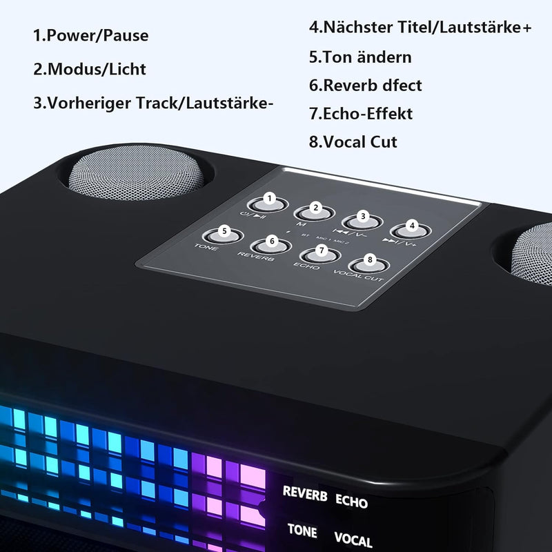 RUBEHOOW Karaoke-Maschine mit Zwei drahtlosen Mikrofonen, LED-Leuchten, wiederaufladbare Bluetooth-V