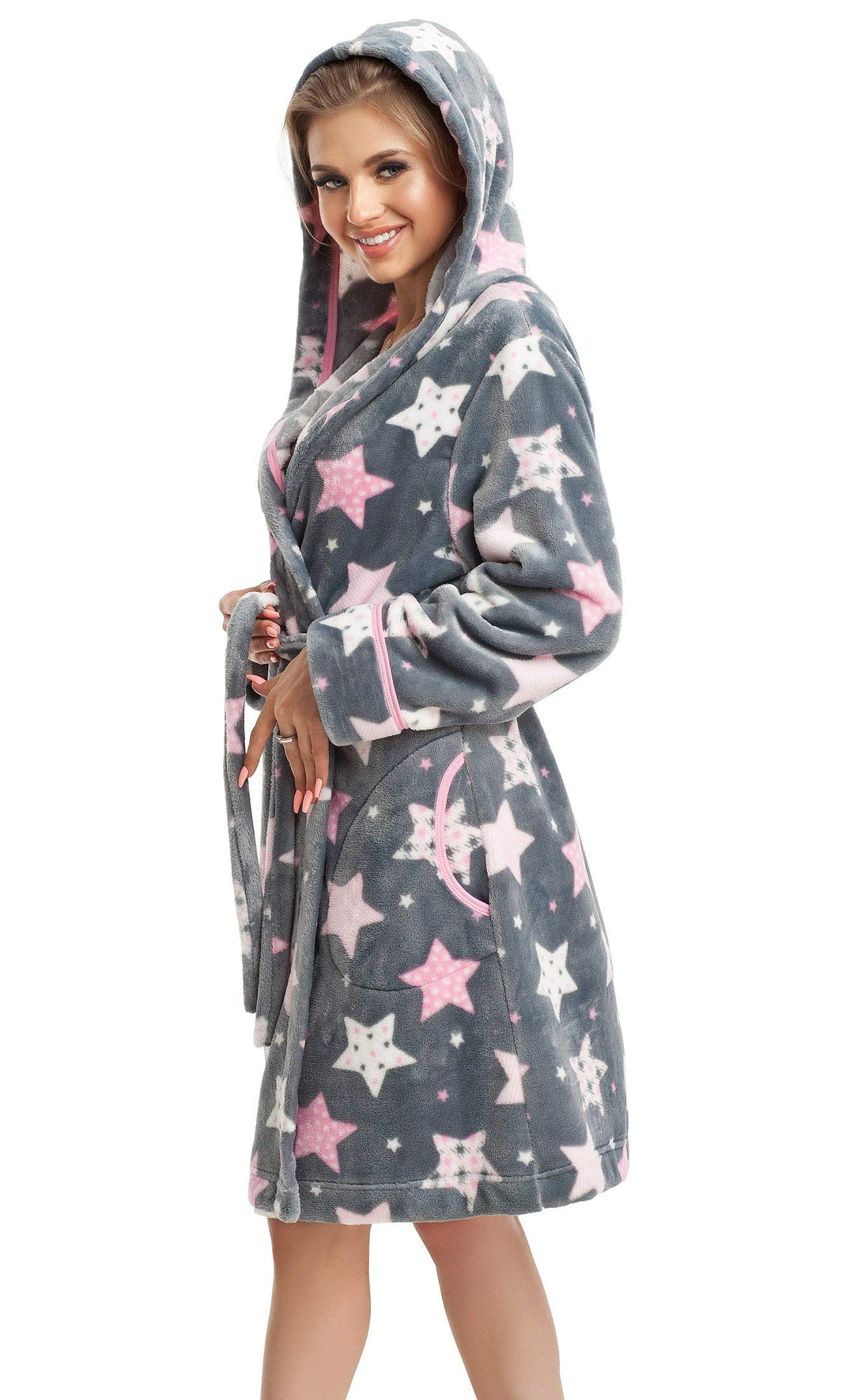 Damen Bademantel/Homewear/Kuschelpullover oder -jacke (made in EU) in tollem Design, grau-Sterne