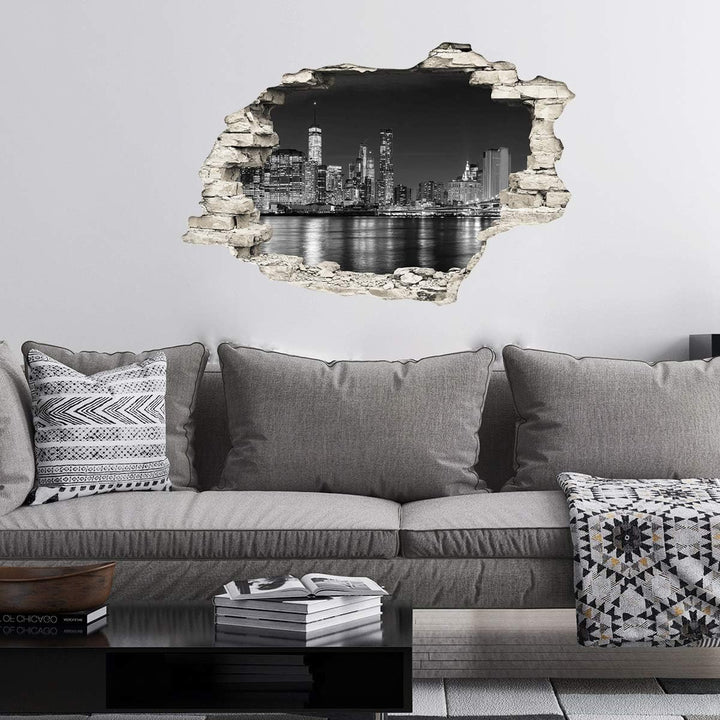 Sticker 3D Effekt | Wandaufkleber New York Skyline - Tapete Dekoration optische Täuschung Raum und W