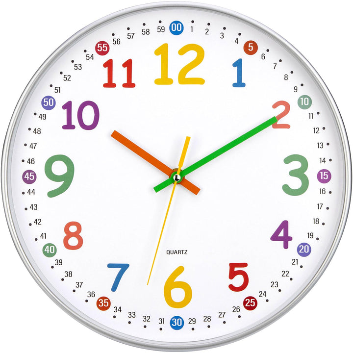 ACCSHINE Kinder Wanduhr ohne Tickgeräusche Lernuhr 30cm 3D Bunt Zahlen Modern Quartz Lautlos Wanduhr