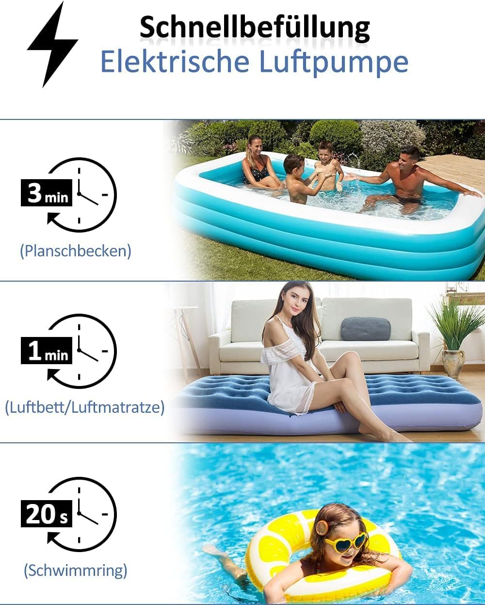 Kabellose Elektrische Luftpumpe mit 2×2000mAh Wiederaufladbarem Akku für Pool, Schlauchboot & Luftma