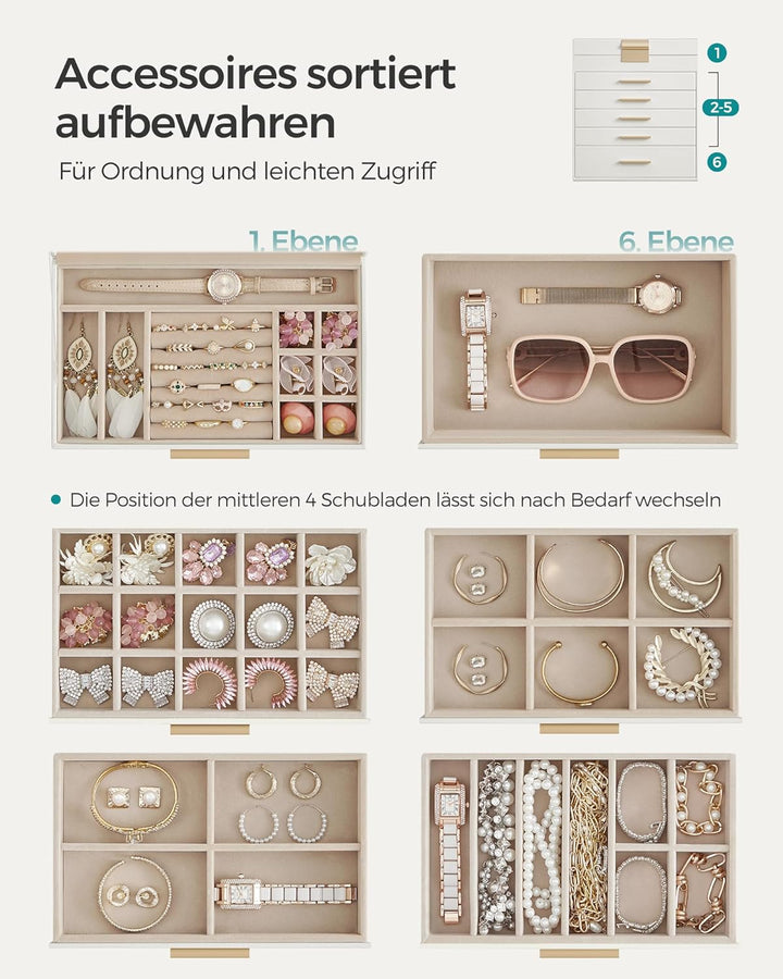 SONGMICS Schmuckkästchen, Schmuckkasten mit 6 Ebenen, Schmuckbox mit Glasdeckel, 5 Schubladen, für S