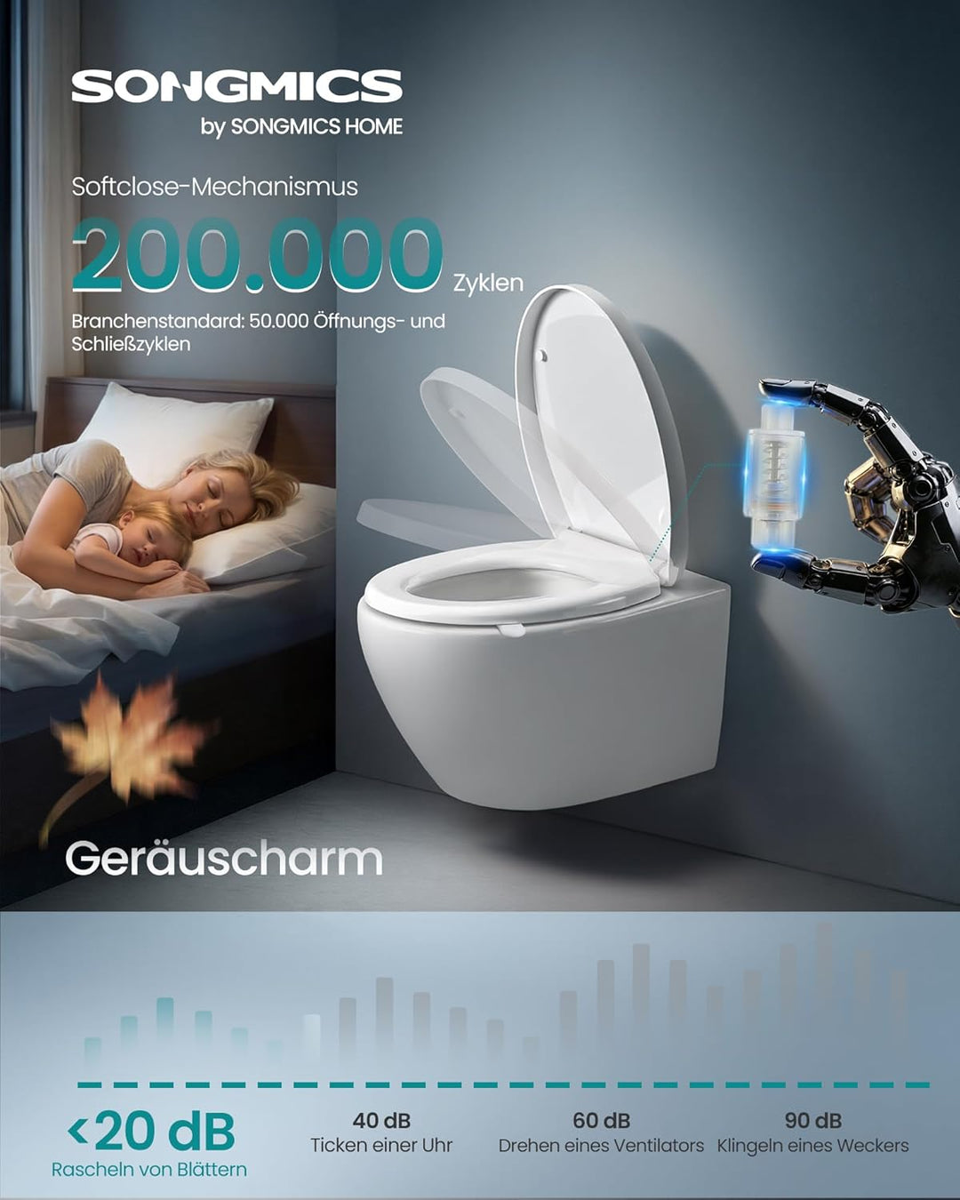 SONGMICS Toilettendeckel, O-Form, WC-Sitz mit Absenkautomatik, Griff, Toilettensitz abnehmbar, Klode
