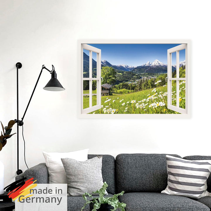 ARTland Wandbild selbstklebend Vinylfolie 100x70 cm Fensterblick Fenster Alpen Landschaft Berge Wald
