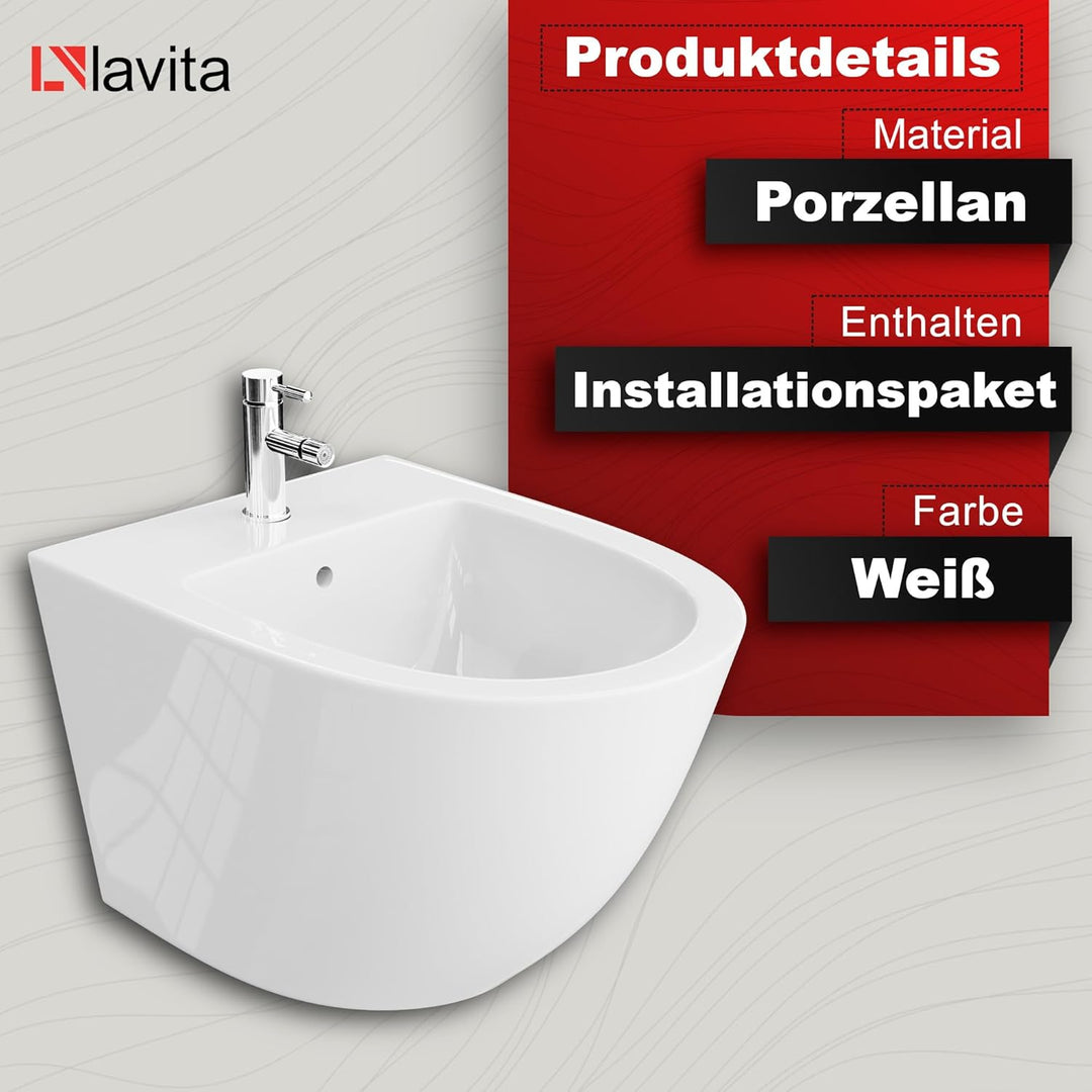 LAVITA Universal Wand Sofi Bidet, WC mit Hahnloch und Überlaufschutz aus Keramik 36,5 x 49 x 32,5 cm