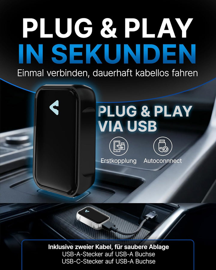 Carplay Wireless Adapter & Android Wireless Adapter fürs Auto – USB-A Plug & Play Nachrüstadapter, U