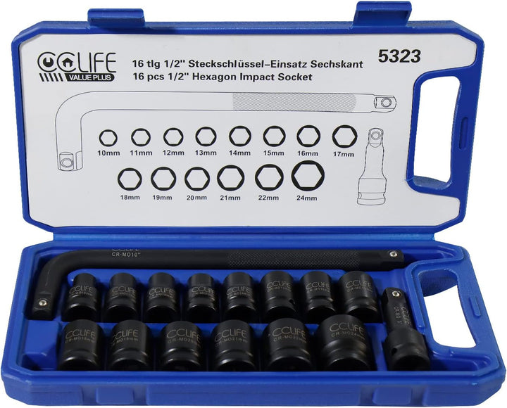 CCLIFE 16tlg 1/2' Schlagschrauber Nüsse Set, 10-24mm Cr-Mo Sechskant Kraft Nuss Steckschlüssel Schla