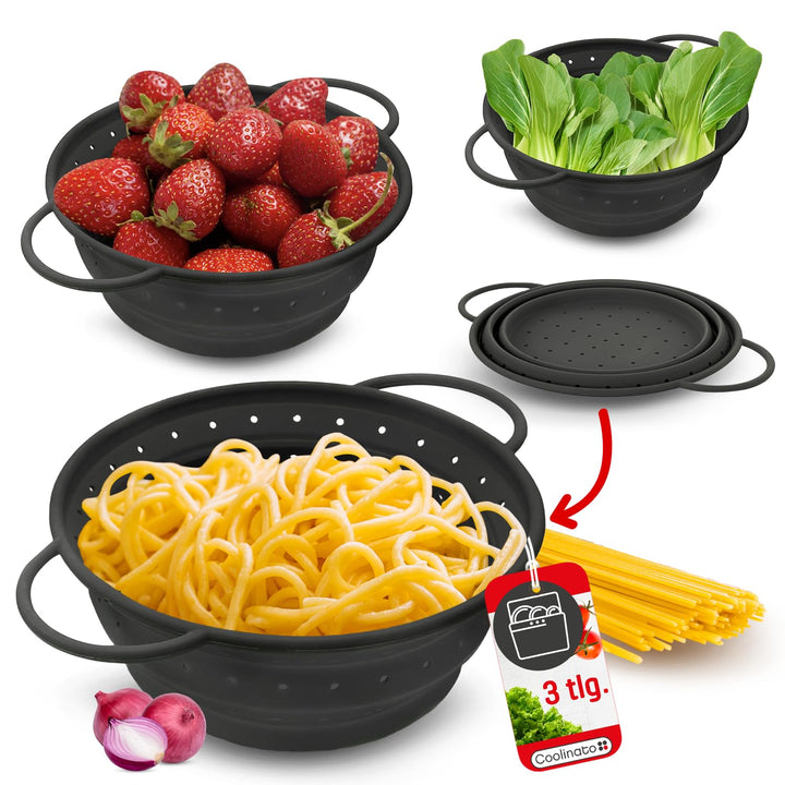 Coolinato – Silikonsieb faltbar 3er Set 16/20/ 24cm Grau – Nudelsieb zum abseihen - Küchensieb spülm