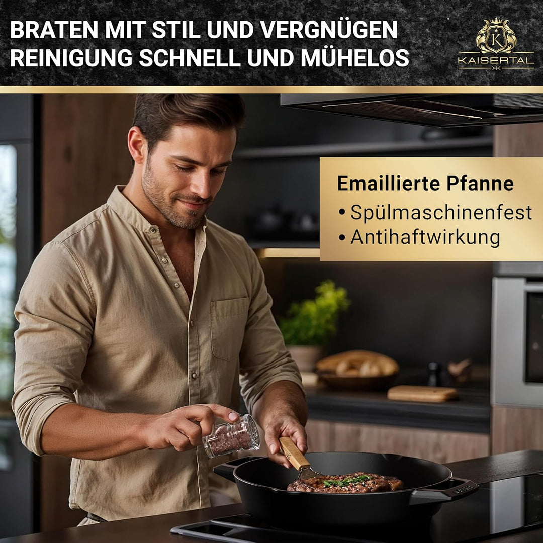 KAISERTAL Gusseisen Bratpfanne matt schwarz emailliert - Antihafteffekt - 2,7L, Schwarz - Perfekt fü