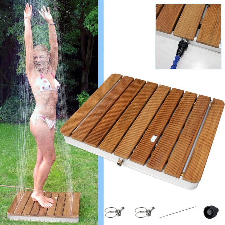 @tec Gartendusche Aussendusche aus massivem Teak-Holz, Mobile Bodendusche Campingdusche, Sauna- & Po