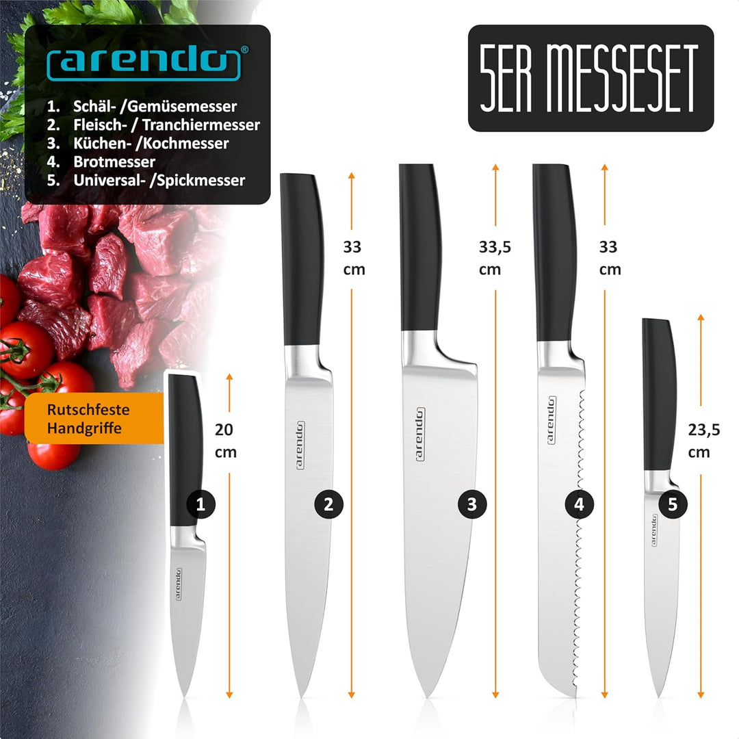 Arendo - Messerblock mit Messern - 5 teilig Messerset - Kochmesser Tranchiermesser Brotmesser Univer