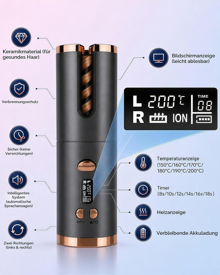 Automatischer Lockenstab Kabellos, Lockenwickler Akku mit Keratin | Welleneisen mit 6 Temperaturen &amp;