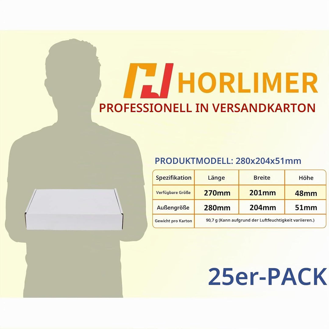 HORLIMER 25 Stück Versandkarton Klein Karton Box, 280x204x51mm Verpackungskartons mit Deckel für War