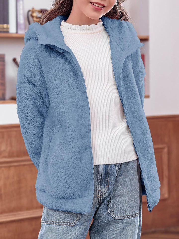 Haloumoning Mädchen Fleece Jacken Kinder Weich Fuzzy Kapuzenpullover Winter Coat Jacke 9-10 Jahre Bl