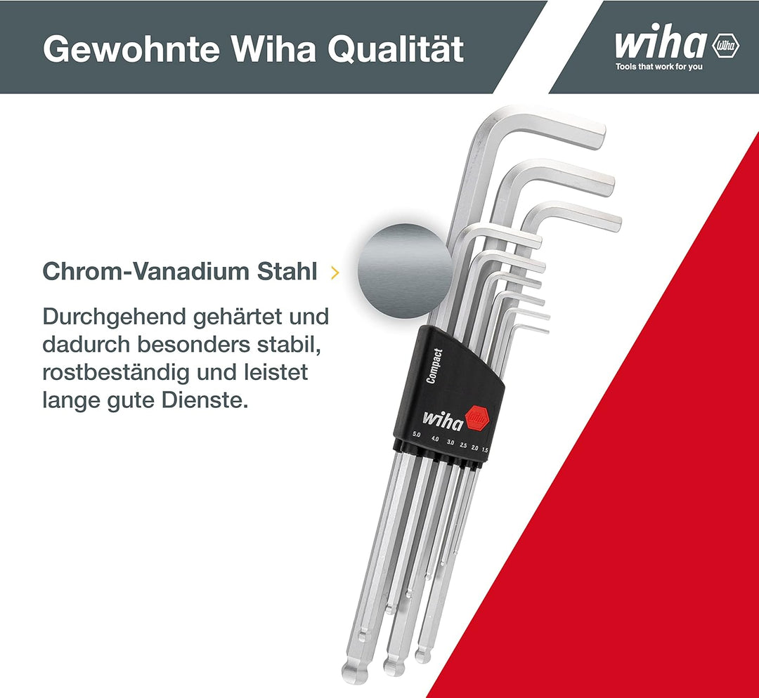 Wiha Innensechskant Schlüssel Satz 10-tlg (02292) I Stiftschlüssel Set mit Kugelkopf für Winkel bis