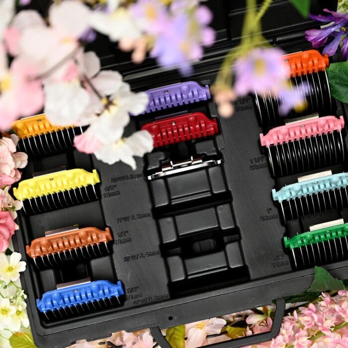 Show Tech Pro Breite Snap-on Kamm-Set aus Edelstahl – 8 Aufsteckkämme (10–38 mm) + #30W Breiter Sche