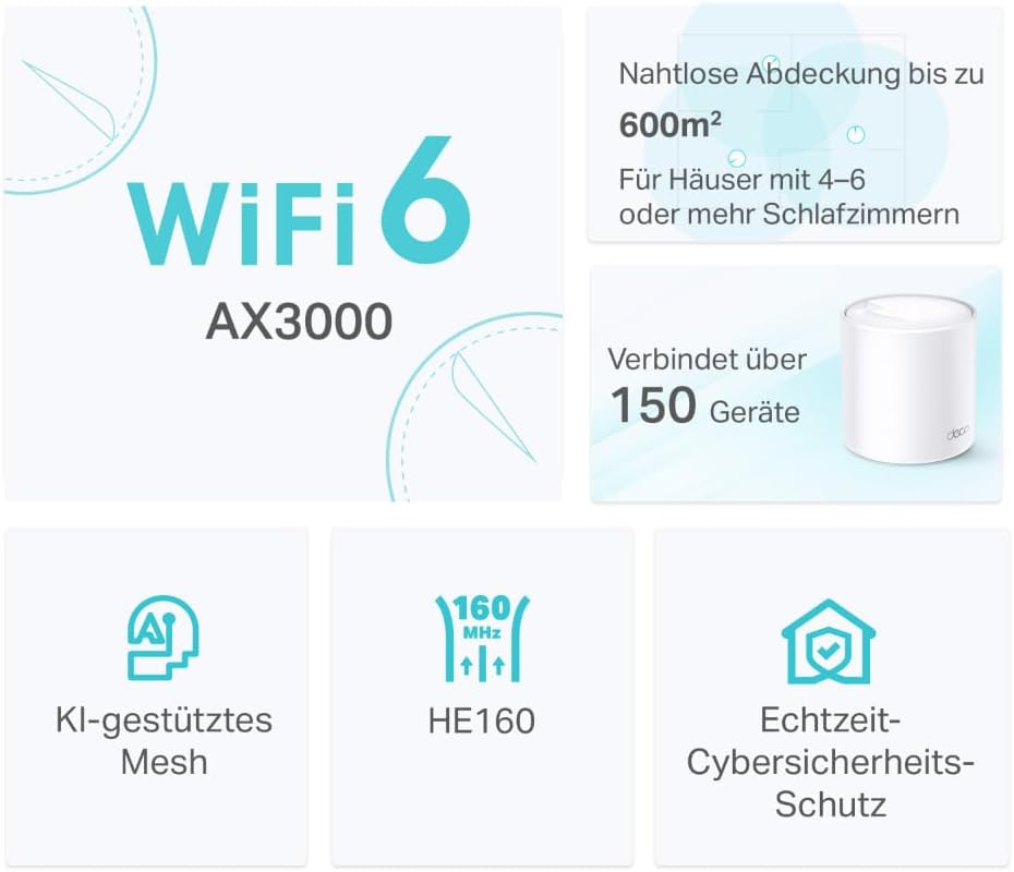 TP-Link Deco X50 Mesh WLAN Set (3 Pack), Wi-Fi 6 AX3000 Dual Band Router & Repeater, 3x Gigabit Port