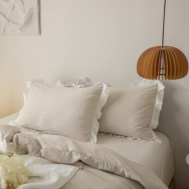 Lanqinglv Bettwäsche 200x220cm Beige Weiss mit Rüschen,aus 100% Weiche Microfaser Doppelbett - Wende