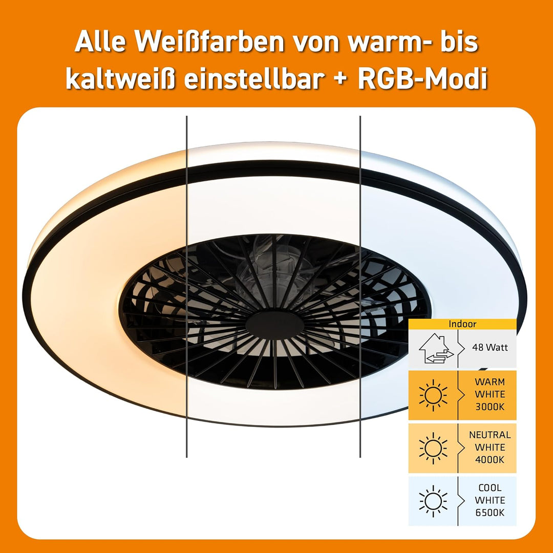 Proventa LED Deckenleuchte mit Ventilator 63W 5500lm Ø48,5cm CCT 2700K-6500K Fernbedienung Deckenven