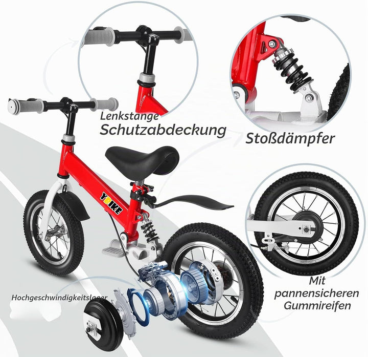 YBIKE Laufrad 2 in1, kinderfahrrad Mit Pedalen, Stossdämpfern, Schutzblechen,12 14 Zoll laufräder Ge