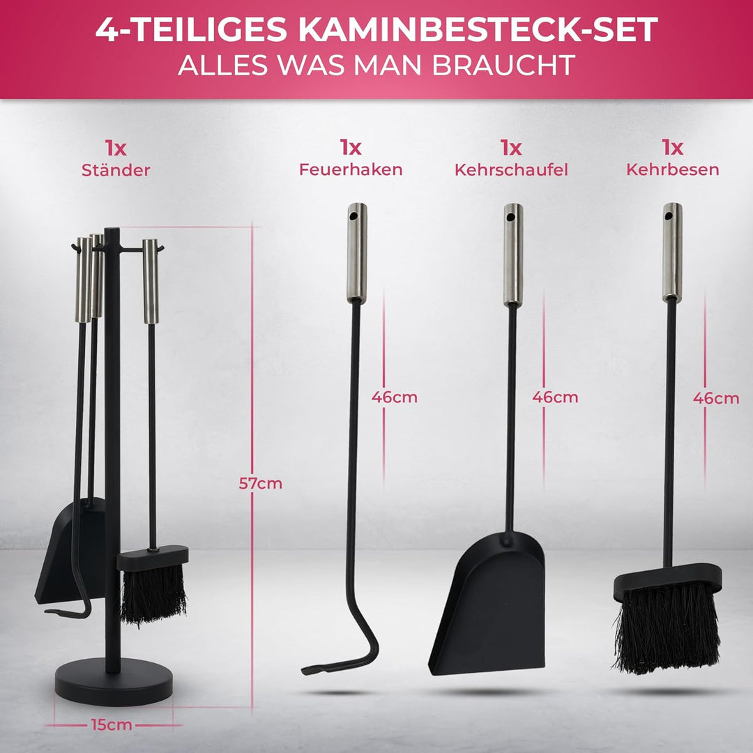 SULENO Kaminbesteck DUBLIN 4-teilig Kamingarnitur mit Ascheschaufel Besen Schürhaken, Kaminset & Hal