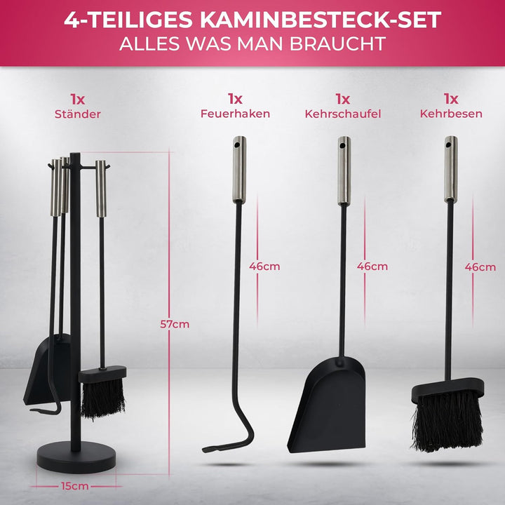 SULENO Kaminbesteck DUBLIN 4-teilig Kamingarnitur mit Ascheschaufel Besen Schürhaken, Kaminset & Hal