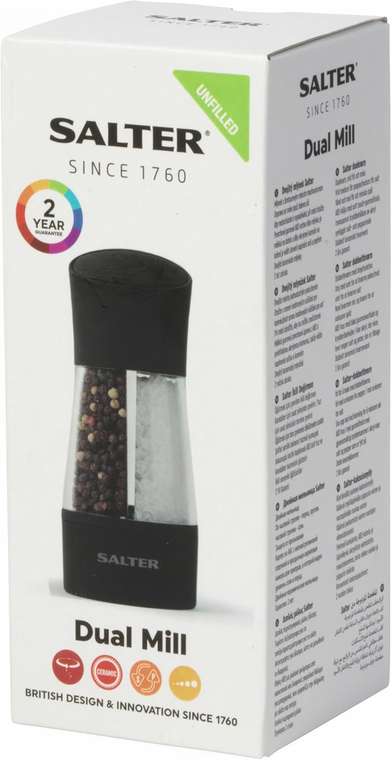 Salter 7612 BKXRA 2-in-1 Salz- & Pfeffermühle - Dual Küchenmühle, Doppelseitige Gewürzmühle, Twist-