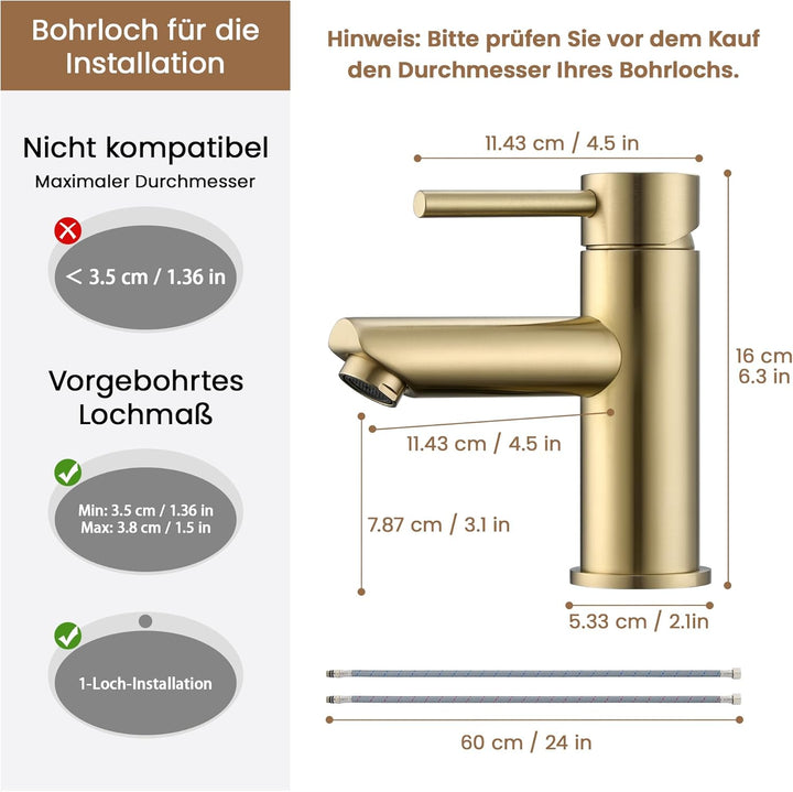 KPW Waschtischarmatur Edelstahl Gebürstet Gold – Bad Wasserhahn mit 79mm Auslaufhöhe, Einhand-Mischb