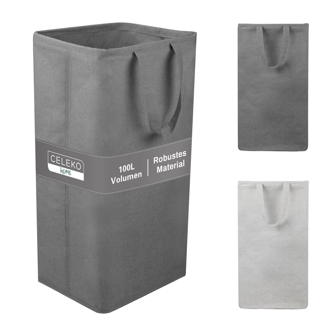 Wäschesammler 100 Liter Grau Faltbarer Wäschekorb Organizer mit erweitertem Griff, Wäschebox Aufbewa